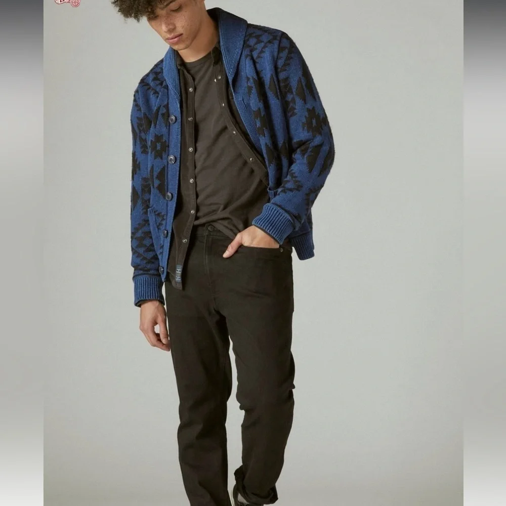 Lucky Brand Blue Black Aztec Cardigan Long Sleeve Front Buttons XL front buttons